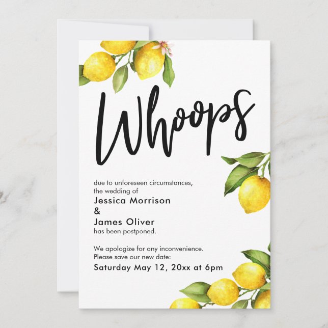 Oops Watercolor Lemons Postponed Wedding Card (Front)