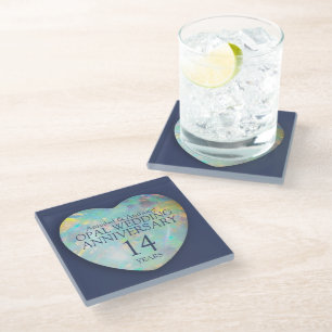 Opal 14th Wedding Anniversary Heart Glass Coaster
