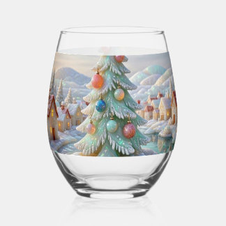 Opal Christmas Tree Pastel White Winter Village  Stemless Wine Glass