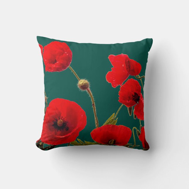 Opal Cyan Deep Colourful Red Poppy Flower Floral Cushion (Front)