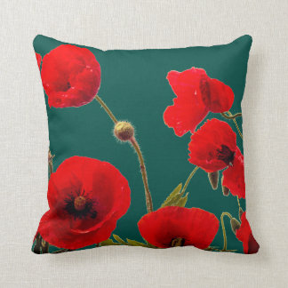 Opal Cyan Deep Colourful Red Poppy Flower Floral Cushion