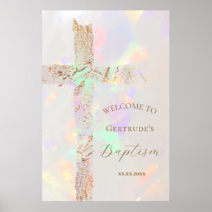 opal design faux foil cross Baptism welcome sign