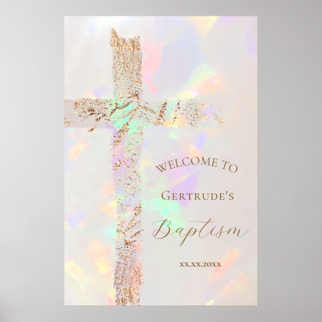 opal design faux foil cross Baptism welcome sign (Front)