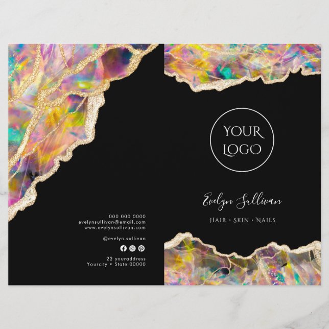 Opal design on black services menu brochure (Front)