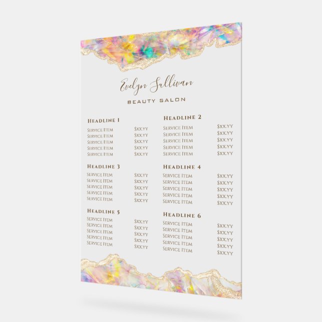 Opal Design Price List Acrylic Sign (Angle)