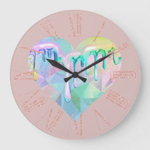 Opal Gemstone Heart with Holographic Drips on Pink Large Clock