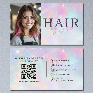 Opal Glitter Hair Stylist Photo QR Code Business Card
