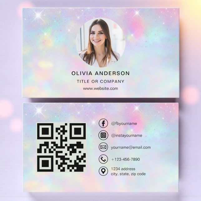 Opal Glitter Photo with QR Code Social Media Business Card (Creator Uploaded)