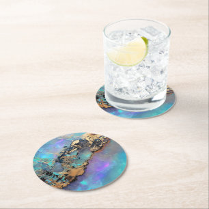 Opal Gold Gem Pattern Round Paper Coaster
