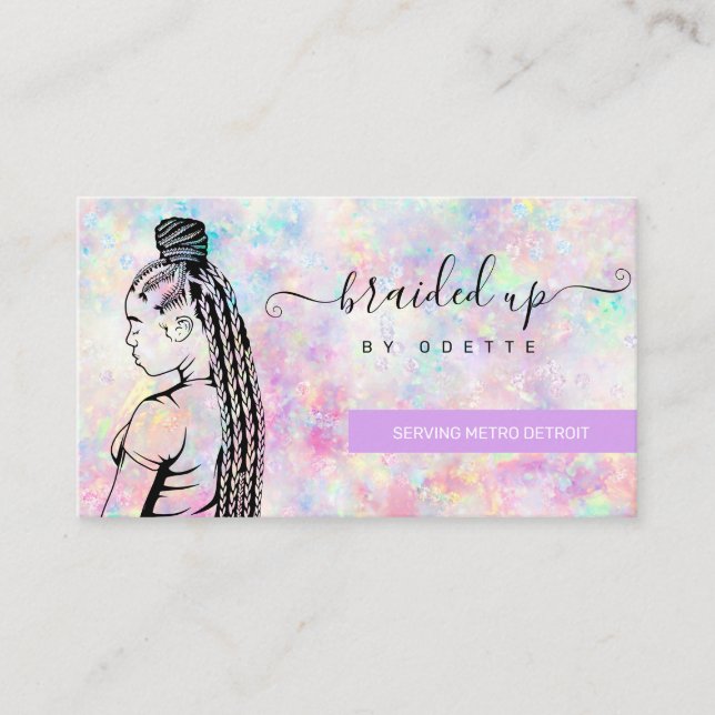Opal Holographic Hair Braiding Braider Stylist Business Card (Front)
