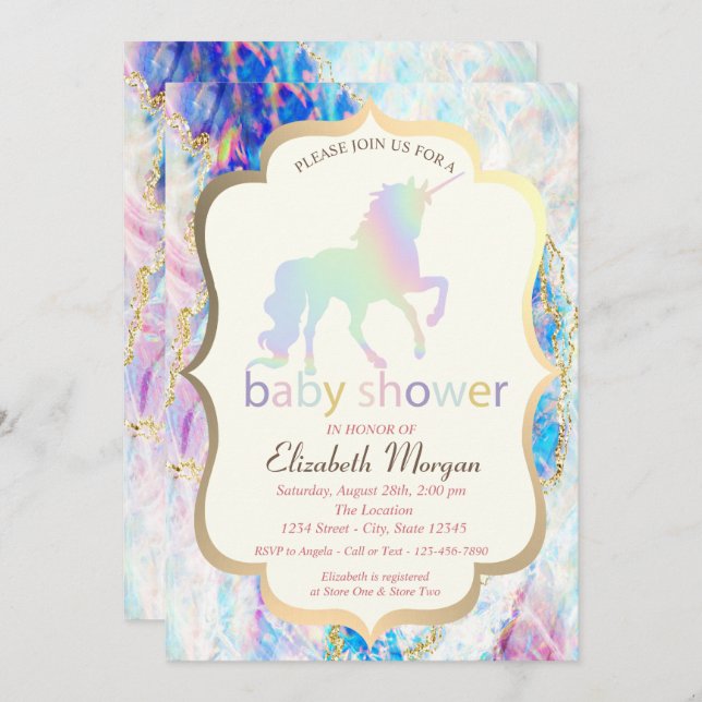 Opal Holographic Unicorn Baby Shower  Invitation (Front/Back)