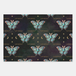 Opal October Birthstone Moth Happy Birthday  Wrapping Paper Sheet