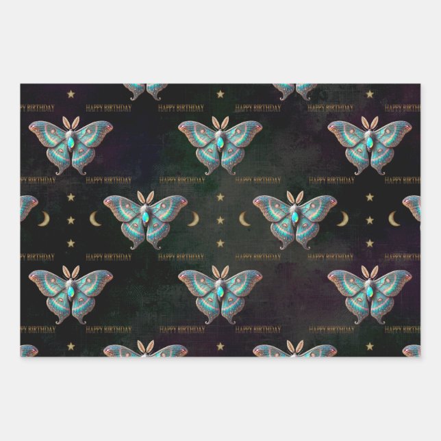 Opal October Birthstone Moth Happy Birthday  Wrapping Paper Sheet (Front)