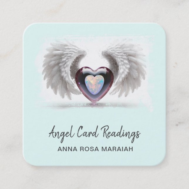 *~* Opal Two Heart QR Angel Wings AP78 Aqua Square Business Card (Front)