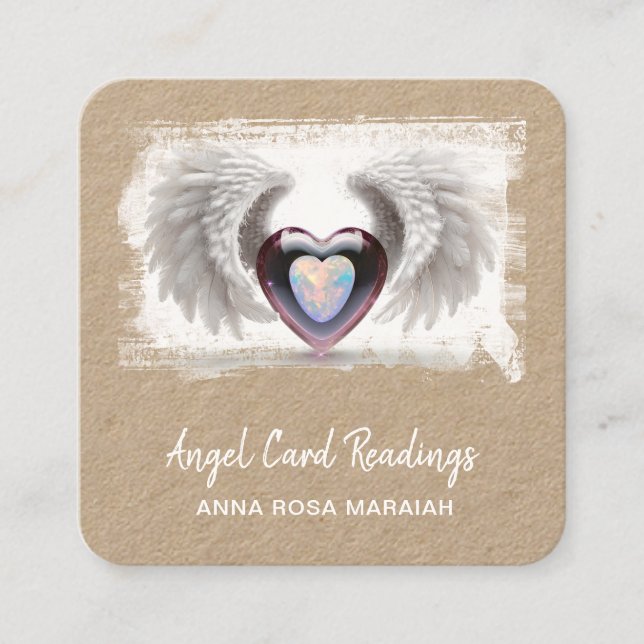 *~* Opal Two Heart QR Angel Wings AP78 Kraft Square Business Card (Front)