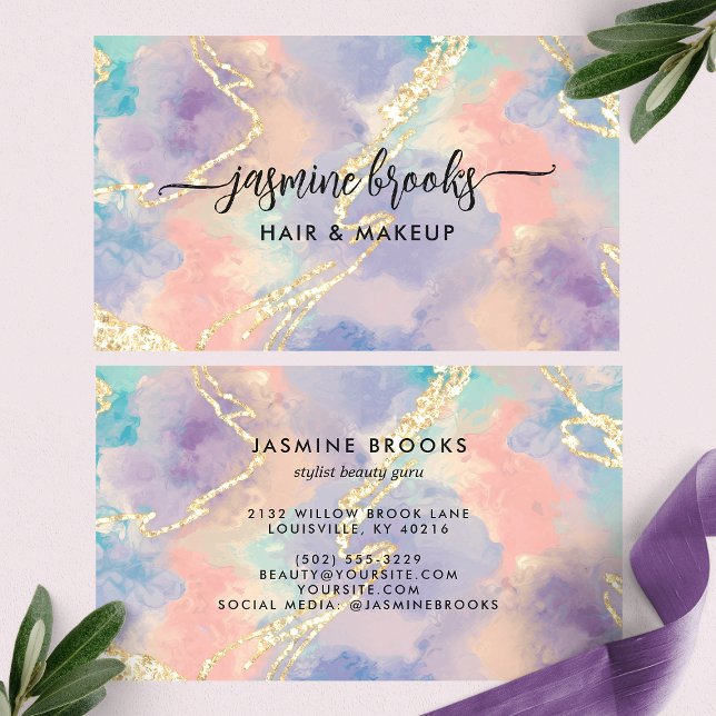 Opal Watercolor Gold Glitter Business Card (Creator Uploaded)