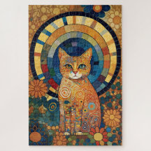 Opalescent Cat in Mosaic-Like Romanesque Design