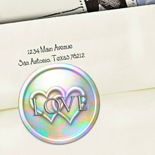 Opalescent Two Hearts Love Silver Classic Round Sticker
