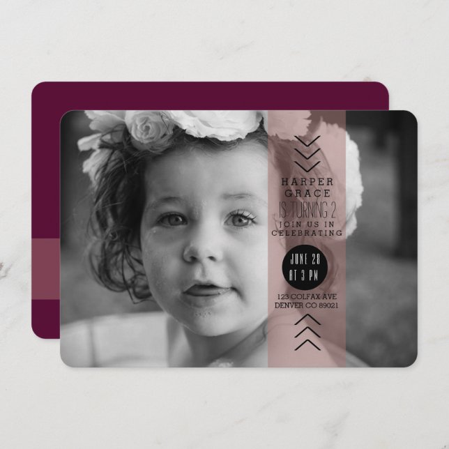 Opaque Plum Ribbon Birthday Party Photo Invitation (Front/Back)