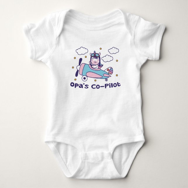 Opa's Co-Pilot - Unicorn Aeroplane Baby Bodysuit (Front)