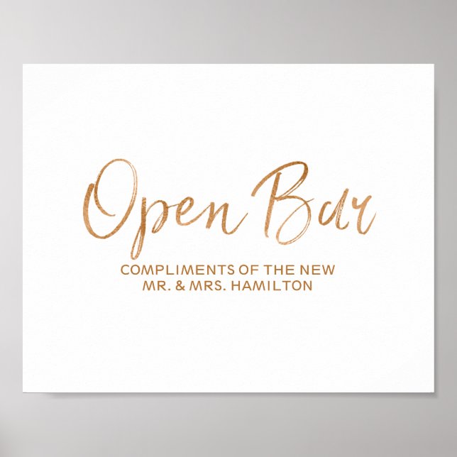 Open Bar 8x10 Stylish Rose Gold Wedding Sign (Front)