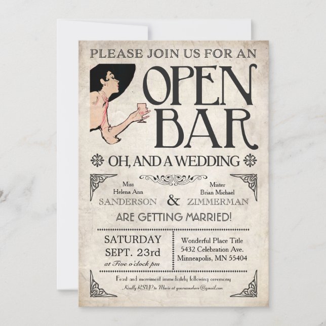 Open Bar and a Wedding Invitations (Front)