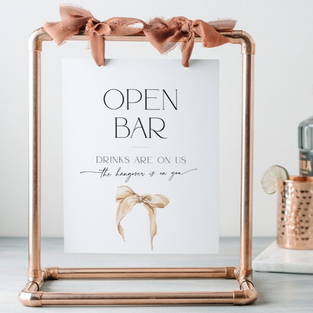 Open Bar Beige Bow Bridal Shower Tying the Knot Pedestal Sign (Creator Uploaded)