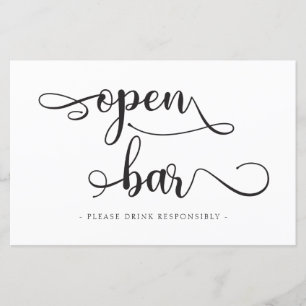 "Open Bar" Black White drinks Wedding Sign