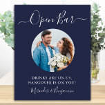 Open Bar Custom Photo Navy Blue Wedding Drinks Poster<br><div class="desc">Open Bar ! Simple yet elegant calligraphy, this wedding bar sign features Open bar in elegant calligraphy, and drinks are on us, hangover in on you! . Customise this elegant wedding sign with your favourite engagement or couple photo, and names! COPYRIGHT © 2020 Judy Burrows, Black Dog Art - All...</div>
