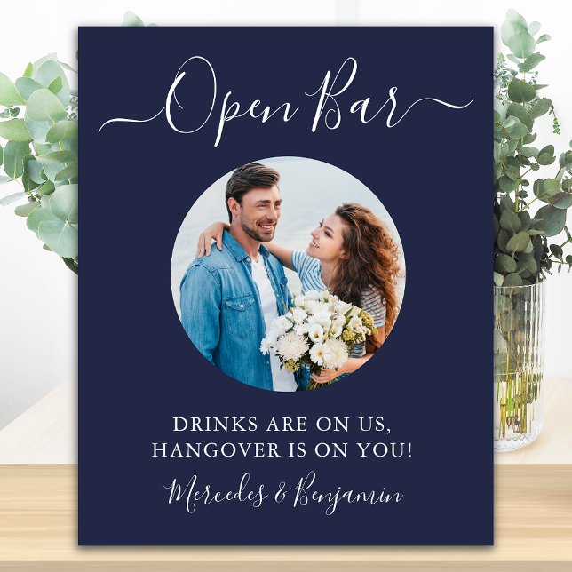 Open Bar Custom Photo Navy Blue Wedding Drinks Poster (Creator Uploaded)