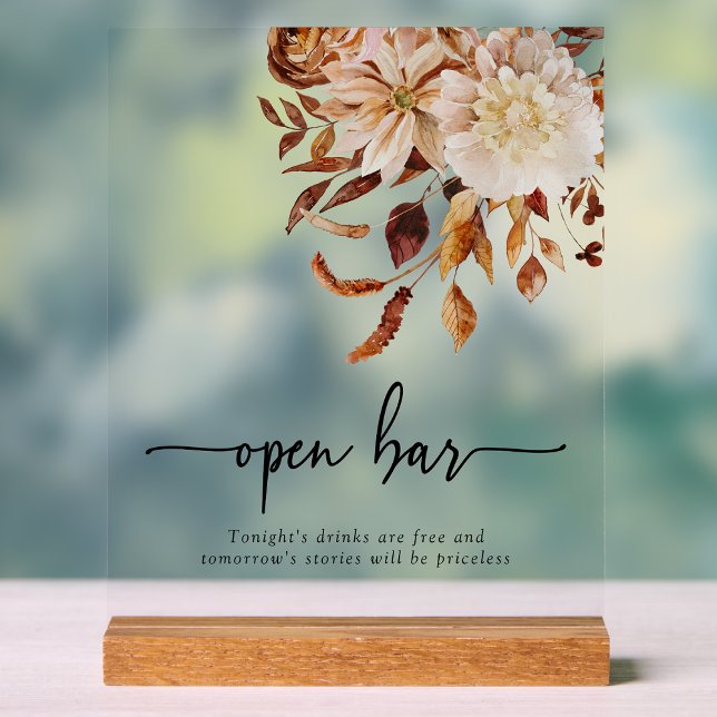 Open Bar Fall Acrylic Sign (Fall Watercolor Terracotta Copper Tone Wedding Open Bar Acrylic Sign by Painted Paperie
)