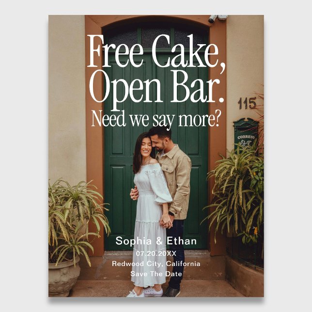 Open Bar Free Cake Photo Retro Save The Date Announcement Postcard (Creator Uploaded)