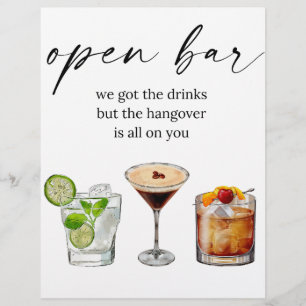 Open bar funny cute wedding watercolor cocktails  flyer