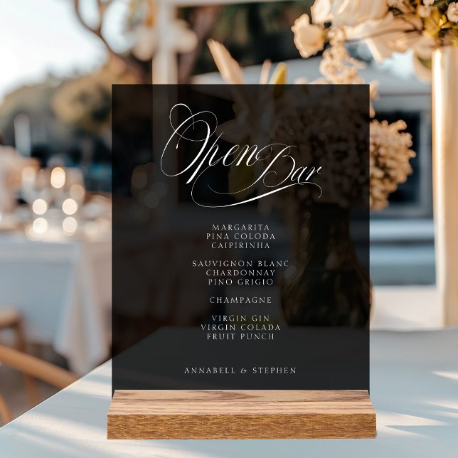  Open Bar! Modern, Calligraphy, Black, Wedding Acrylic Sign (Creator Uploaded)