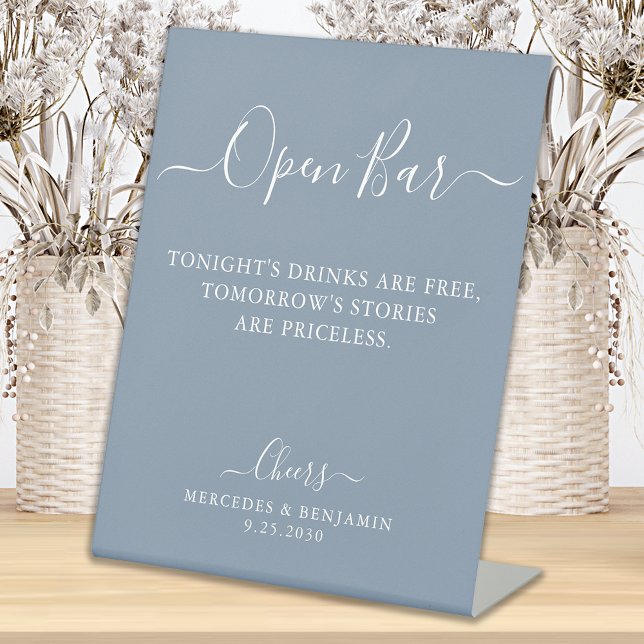 Open Bar Personalise Dusty Blue Wedding Drinks Bar Pedestal Sign (Creator Uploaded)