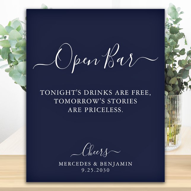 Open Bar Personalised Navy Blue Wedding Drinks Poster (Creator Uploaded)