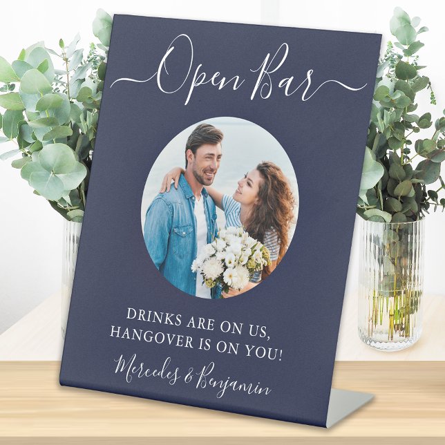 Open Bar Personalised Photo Navy Blue Wedding Pedestal Sign (Creator Uploaded)