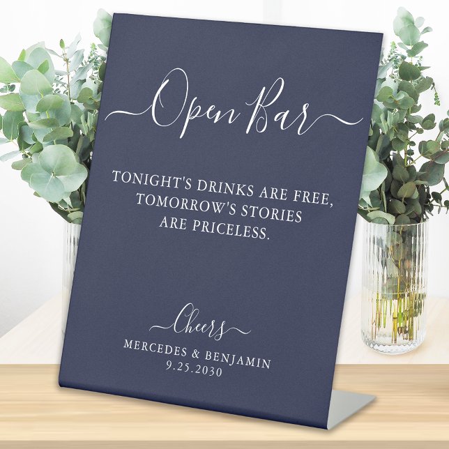 Open Bar Personalized Navy Blue Wedding Drinks Bar Pedestal Sign (Creator Uploaded)