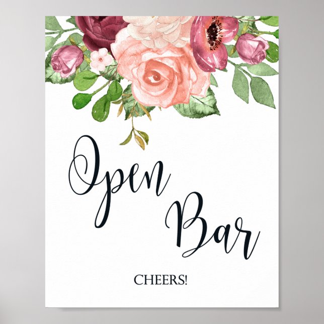 Open Bar Pink Floral wedding sign poster (Front)