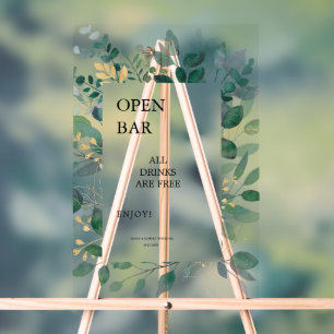 Open Bar Sign Gold and  green leaves frame