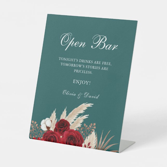 Open Bar Teal Burgundy Roses Pampas Grass Pedestal Sign (Front)