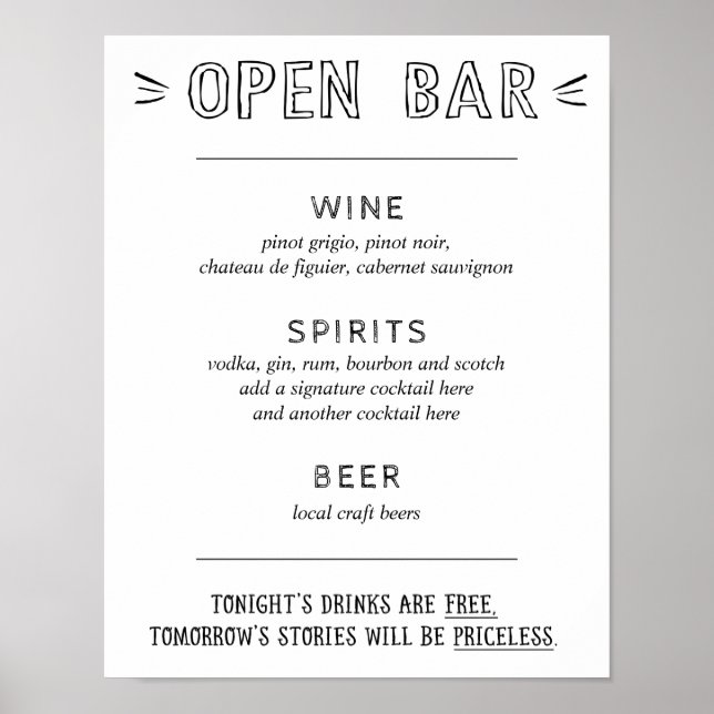 Open Bar | Wedding Bar Menu Sign (Front)
