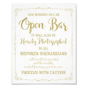 Open bar wedding sign gold glitter, wedding poster