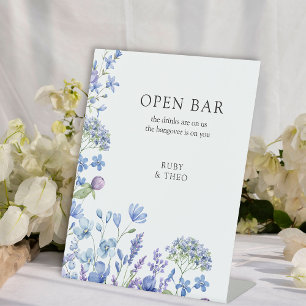 Open Bar Wildflower Periwinkle Floral Wedding  Pedestal Sign