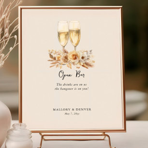 Open Bar Wine Glasses and Flowers Neutral Wedding Poster