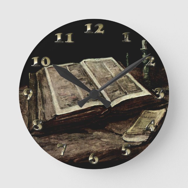 Open Bible Book with Candles - van Gogh Round Clock (Front)