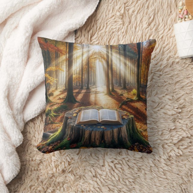 Open Bible On Autumn Tree Stump Cushion (Blanket)