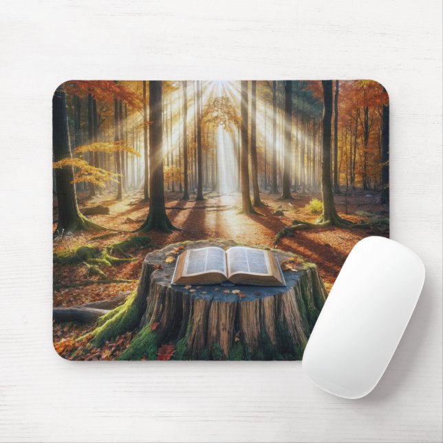Open Bible On Autumn Tree Stump Mouse Pad (With Mouse)