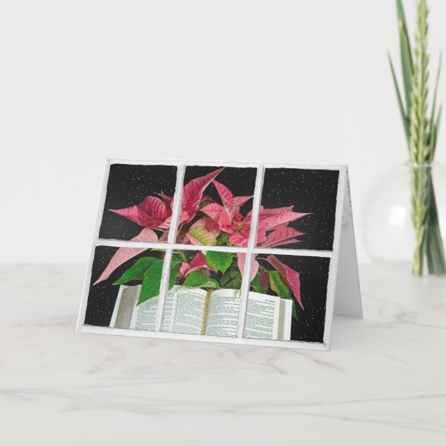 Open Bible with Poinsettias in Window Card (Front)
