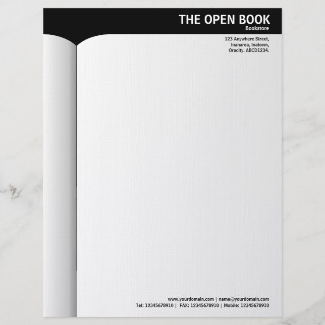 Open Book - Black (Speckled Paper) Customised Letterhead (Front)
